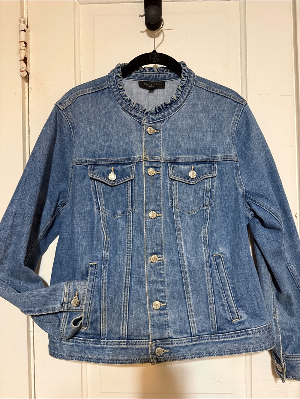 Talbots Light Blue Denim Jacket with Ruffle Collar